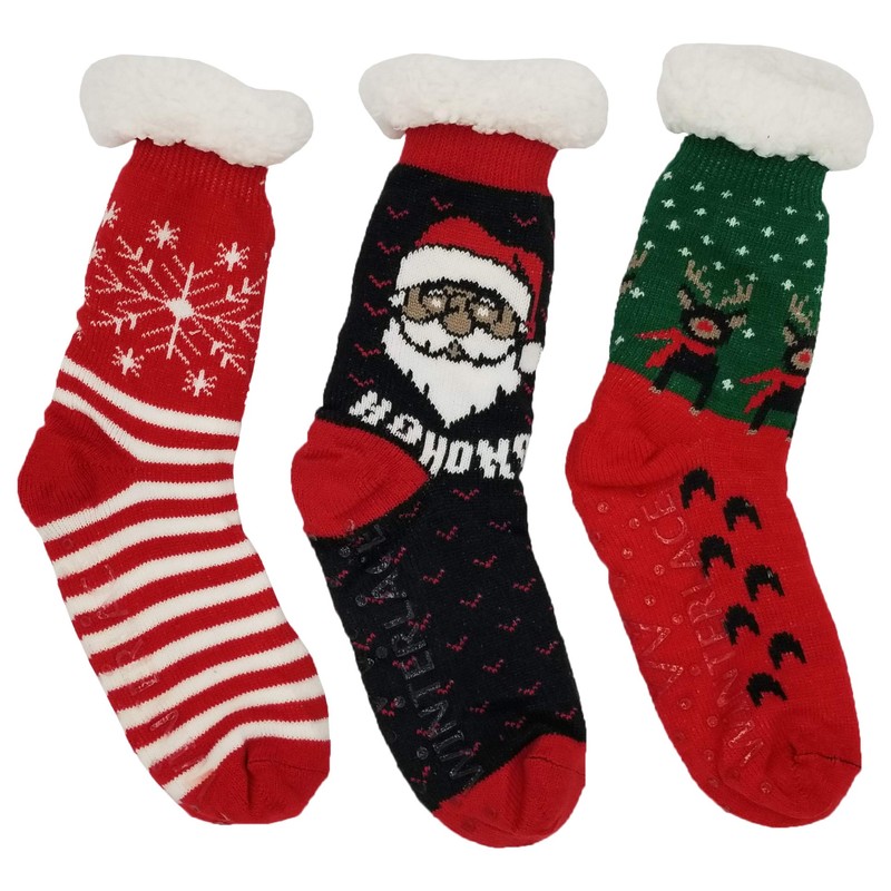 Sherpa Lined Slipper Socks, 3 Pairs for Women, Fluffy Christmas