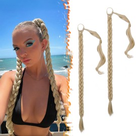 BARSDAR 2PCs 30 Inch Long Braided Ponytail Extension - Sleek Wrap Around Blonde Braid Ponytail Hair Extensions with Hair Tie - Synthetic Pony Tails Hairpieces for Women - Blonde Mixed