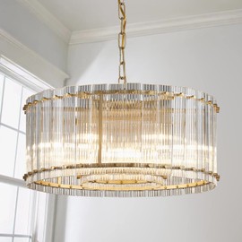 Saint Mossi Moder Glass Chandelier Light Fixture, Doule Layer Drum Pendant Modern Chandelier Lighting with 7-Light, Gold Finish