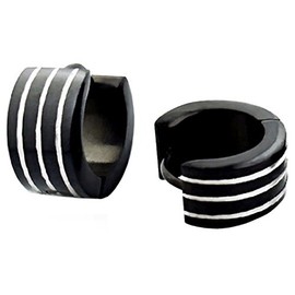 Black Huggie Hoops Earrings with Silver Stripes - Stainless Steel