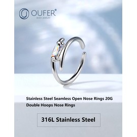 OUFER Nose Rings 20G, Open Double Hoop Nose Rings 316L Stainless Steel Minimalism Sparkling CZ Nose Rings for Women Men-8MM