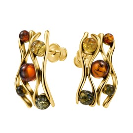 Genuine Amber Stud Earrings with Gold Plated Sterling Silver 925, Sterling Silver