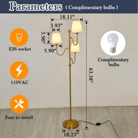 YYJLX Ofenrd Modern Floor Lamp with Dimmable Switch 3 Light Tree Standing Tall Lamp with Linen Drum Shade Mid Century Gold Corner Lamp for Living Room Bedroom Office