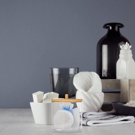 Relaxdays 1 x Plastic Container with Bamboo Lid Organizer Cotton Pads and Cotton Buds - Clear/Natural