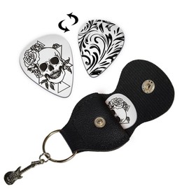 UNICRAFTALE 1pc Guitar Picks Gifts Skull Flower Stainless Steel Guitar Pick Keychain with PU Leather Case Skull Double Side Diffierent Style Plectrum Guitar Set Christmas Gifts for Guitar Lover
