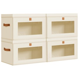 Homsorout Large Storage Bins with Lids - Fabric Collapsible Closet Storage Organizer with Window & Handles, Stackable Decorative Storage Boxes for Clothes, Blankets, Sweaters, 4 Pack, Beige