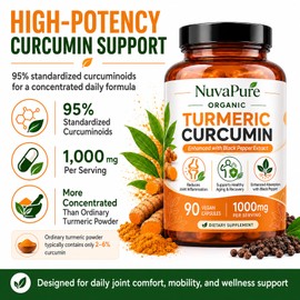 NuvaPure Turmeric Curcumin with Black Pepper – 1000mg Organic Turmeric Supplement, Joint Comfort Supports – 90 Vegan Capsules