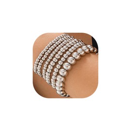 LXSSLY 6Pcs Silver Bead Bracelets Set for Women,14K Gold Plated Stackable Bead Ball Bracelets Set,Adjustable Chunky Bangles Bracelets,Boho Stretch Bead Ball Bracelet for Women