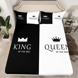 Crown Queen and King Bedding Set His and Hers Matching Couple Fitted Sheet & Pillow Sham Set Lover Romantic Valentine's Day Presents Bed Sheet Set Black White Bed Cover No Flat Sheet Room Decor Queen