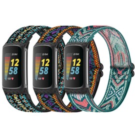 HUYIIO 3 Pack Adjustable Elastic Watch Strap Compatible with Charge 5 Straps, Soft Breathable Nylon Sport Band Stretchy Replacement Wristband For Women Men (Boho Purple, Boho Blue, Boho Arrow)