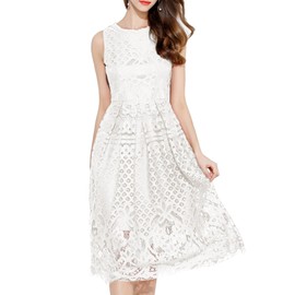 VEIISAR Women's Sleeveless Round Neck Scalloped Prom Lace Cocktail Party Dress White XL