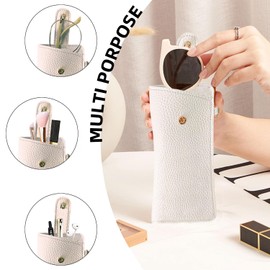 reiliva Soft Glasses Cases, Portable Sunglass Pouch with Button Clip Wrist Strap, Leather Eyeglass Cases Travel Glasses Case for Women Men (White)