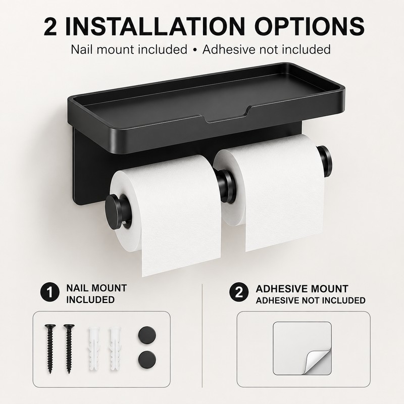 Dual Roll Toilet Paper Holder with Shelf – Black Aluminum