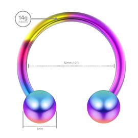 2pc 16mm Rainbow Surgical Stainless Steel Horseshoe Bar Hoop 5mm Ball Circular Barbells Earrings Cartilage Helix Septum Nose Lip Rings - 12mm