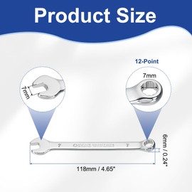 HARFINGTON Combination Wrench 7mm Metric 12-Point Box and Open End CR-V Steel Double Ended Spanner Tool for Automotive Pipe Furniture Machinery DIY Repair, Silver White