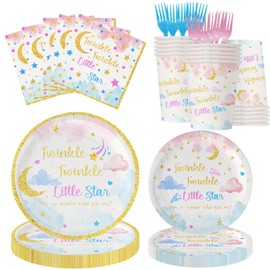 120Pcs Twinkle Twinkle Little Star Gender Reveal Party Supplies, Little Star Baby Shower Plates Napkins Forks Dinnerware for Baby Shower Decorations Girls or Boys Theme Party, 24 Guests