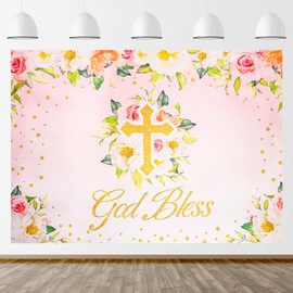 OSDUE God Bless Backdrop, Christening Party Backdrop First Communion Baptism Banner, Green Leaves, Newborn, Baby Shower, Pink Photography Backdrop, Photo Booth (7x5ft)
