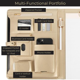 BLU MONACO Black Vegan Leather Portfolio Binder for Women - Professional Padfolio with Magnetic Closure & Gold Trim, Business Organizer Case