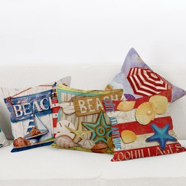 Aoihrraan 16 x 16 Inch 41x41cm Set of 4 Cushion Covers Beach Tropical Seaside Sea Star Square Linen Decorative Throw Pillow Covers With Invisible Zipper Home Decor Couch Summer Garden Outdoor Sofa