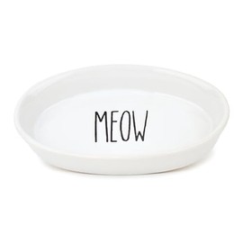 Cattitude Cat Dish Ceramic Meow, White - Cat Bowl, Handcrafted, Durable, Heavyweight Stability