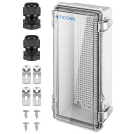 TICONN Outdoor Electrical Box Waterproof, Junction Box IP67 ABS Plastic Enclosure with Hinged Cover with Mounting Plate, Wall Brackets, Cable Glands (Clear, 10.2"x4.3"x3.0")