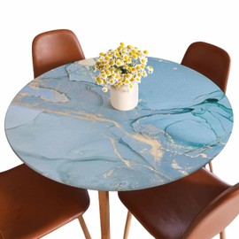 Guxxuil Marble Round Fitted Tablecloth Green Blue Ink Colors Translucent Modern Elastic Edge Tablecloth Waterproof Oilcloth Table Cover for 40"-44"