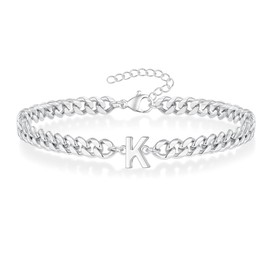 FOCOOG Silver Chain Bracelet for Men, Mens Bracelets Silver Cuban Link Bracelet for Men Letter K Initial Bracelets for Men Simple Silver Bracelets for Men Jewelry Gifts for Mens Silver Bracelet