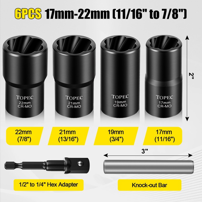 Topec 6PCS Lug Nut Removal Tool, 1/2-Inch Drive Wheel Lock