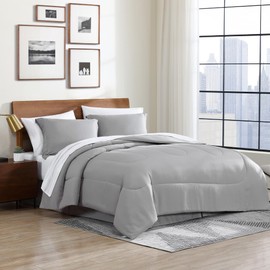 Cathay Home Basic Bedding Home Essential Ultra Soft Light Weight 8PC Wrinkle Resistant Microfiber Bed in a Bag Set (Includes Complete Sheet Set, Comforter Set & Bedskirt) - King, Light Gray