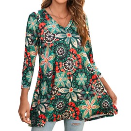 Enmain Tunic Tops for Women UK Plus Size Womens Tops 3/4 Long Sleeve V Neck Ladies Blouse Longline Floral Casual Loose Fit Tunics for Leggings Green & Red XL