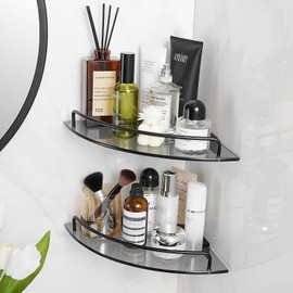 Voldra 2 Pack Glass Corner Shower Shelf for Bathroom Black Tempered Glass Shelf with Rail Bathroom Corner Organizer Shelves Wall Mounted