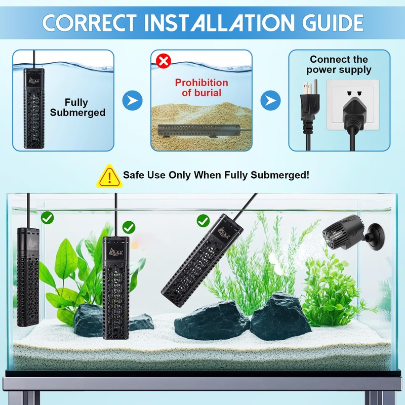 AQQA 500W Aquarium Heater for 53-80 Gallon, Dual Quartz Submersible