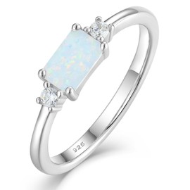 Vesitim Dainty Baguette Wedding Band Sterling Silver Emerald-Cut Created White Opal Jewelry Size 9 Stackable Rings for Women