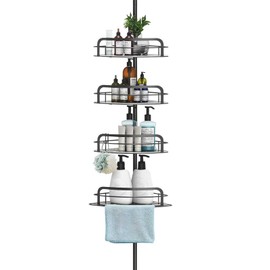 Corner Shower Caddy Tension Pole, Upgraded Adjustable Corner Shower Caddy Organizer with Hooks, 4-Tier Shelf Inside Shower Bathtub Organizers & Storage, Thickend Rustproof Steel, 33 to 116 Inch Height