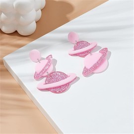 Space Earrings Dangle Earrings for Women Asymmetric Moon Planet Earring Pink Glitter Planet Earrings Jewelry (Pink, One size)