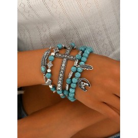 Unbranded Turquoise & Silver Western Stack Bracelets with Charms (5 Pieces)