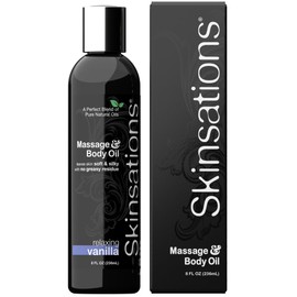 Skinsations - Body Massage Oil - Vanilla 8oz | Edible Blend of Sweet Almond Oil, Fractionated Coconut Oil, Grapeseed Oil, Jojoba Oil with Enticing Vanilla Scent, Body Oil Gift for Him and Her