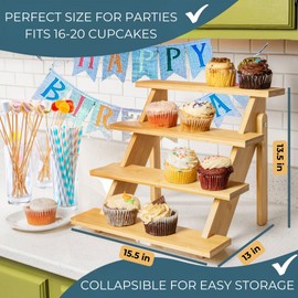 4-Tier Wood Cupcake Stand, Durable & Easy to Assemble Cupcake Holder, Collapsible Display Risers w/ Non-Slip Pads, Rustic Dessert Display Stands for Baby Shower Decorations, Vendor Fairs & More