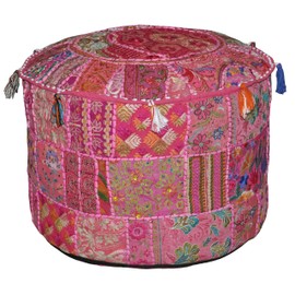 Rajasthali Indian Comfortable Floor Cotton Cushion Ottoman Cover Embellished With Patchwork and Embroidery Work, 58 X 33 Cm