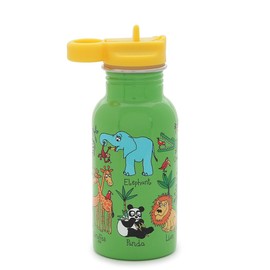 Tyrrell Katz Kids Jungle Printed Drinking Bottle in Green with Straw - Stainless Steel Dishwasher Safe Children's School Water Flask - 400 ml