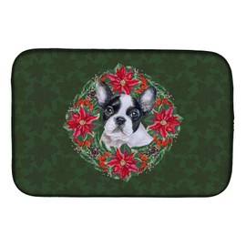 Caroline's Treasures CK1576DDM French Bulldog Black White Poinsetta Wreath Dish Drying Mat Absorbent Dish Drying Mat Pad for Kitchen Counter Dish Drainer Mat for Countertop, 14 x 21", Multicolor