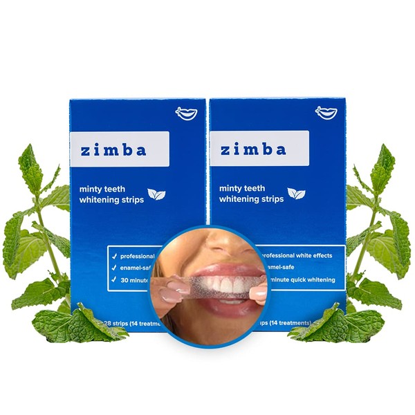 Zimba Teeth Whitening Strips for Teeth Sensitive Vegan White Strips for Teeth Whitening Hydrogen Peroxide Teeth Whitener Stain Remover 56 White Strips (28 Day Treatment), Mint