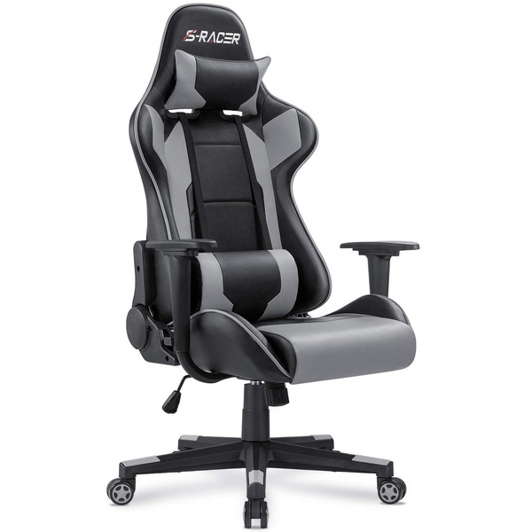 Homall Gaming Chair, Office Chair High Back Computer Chair Leather Desk Chair Racing Executive Ergonomic Adjustable Swivel Task Chair with Headrest and Lumbar Support (Grey)