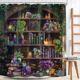 Mitpok Extra Long Gothic Skull Shower Curtain 72Wx84H Black Spooky Witchy Bookshelf Wizard Vintage Succulent Unique Cool Bathroom Decor Mysterious Bath Curtain Fabric Polyester 12 Pack Hooks