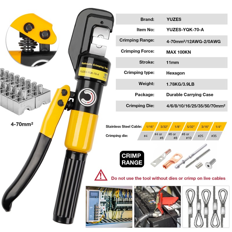 YUZES Hydraulic Crimping Tool and Cable Cutter, 12 AWG to