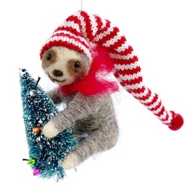 Sloth Ornament - Wool Sloth Ornament Holding Bottle Brush Christmas Tree Holiday Decoration