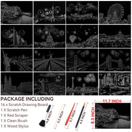 BSHAPPLUS Kratzbilder Kinder,16 Blätter A4 Regenbogen Kratzpappier Set(21x29,7cm) Stadt & Feuerwerk - Mit 4 Spezialwerkzeugen für Kinder & Erwachsene Kreativset