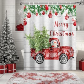 DASHAN Christmas Shower Curtain Red Truck with Pine Trees Shower Curtains for Bathroom Decorations Xmas Balls Bathroom Curtain Snow Winter Holiday Waterproof Fabric Bath Curtain 72"x72"