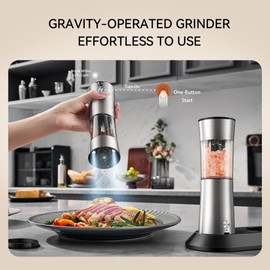 Electric Salt and Pepper Grinder Set, Gravity Operated, USB-C Rechargeable & Charging Base, Stainless Steel, Dual LED Guiding Lights, Comfortable Grip, Adjustable Coarseness, Perfect for Kitchen