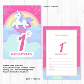 Olivia Samuel 20 x 1st Birthday Party Invitations from Unicorn & Rainbow Pink Invites - Ready to Write with Envelopes